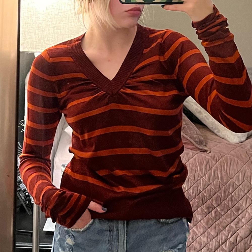 burgundy and orange striped sweater long sleeve